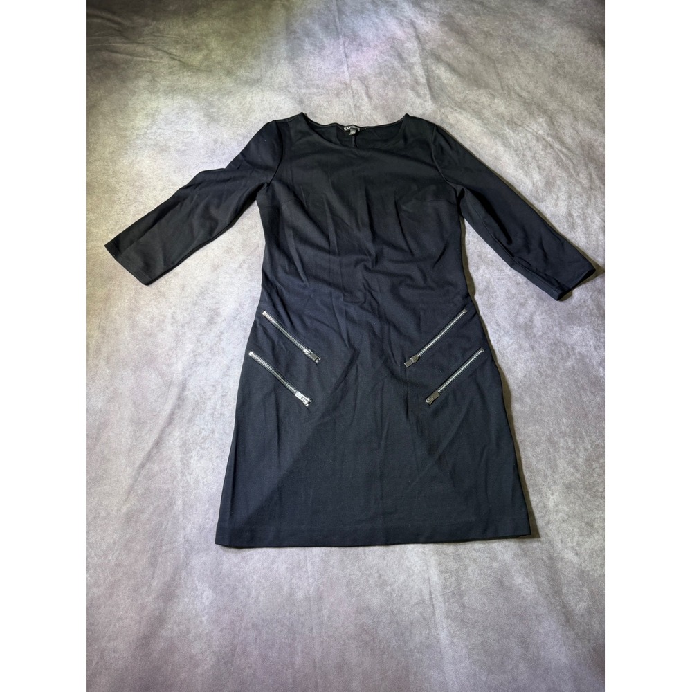 Express Womens Black 3/4 Sleeve Zipper Accent Shift Dress Size M Medium